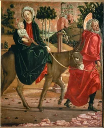 Vlucht naar Egypte. Sint Jozef leidt de ezel met de heilige Maria en kind