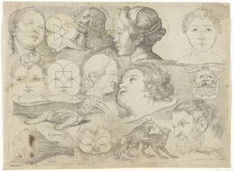 Studieblad met tekenvoorbeelden: figuren, dieren etc.