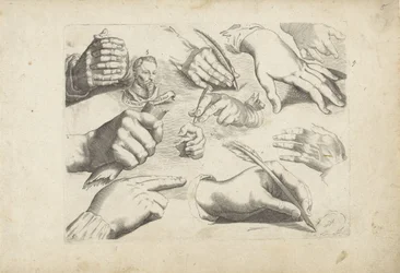 Studieblad met tekenvoorbeelden: handen en portret van Hendrick Goltzius