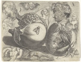 Studieblad met tekenvoorbeelden: koppen, figuren, vruchten, dieren
