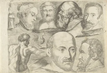 Studieblad met tekenvoorbeelden: staande figuur, haan en koppen