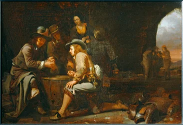 Soldaten spelen in een grot die is omgebouwd tot wachthuis. 1649 ...