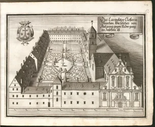 Duits: Het karmelietenklooster in München, gezien vanuit het noorden naar het oosten