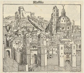 Fantasiegezicht op de stad Marseille [recto], drie portretten (Phereades, Pythagoras en Sappho) [verso]