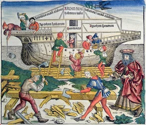 De Bouw van de Ark van Noach, uit de Neurenberg Kroniek door Hartmann Schedel, 1493