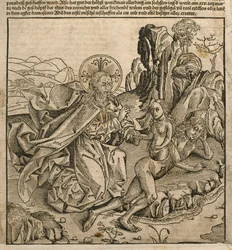 God de Vader die Eva creëert uit Adams rib, illustratie uit de 