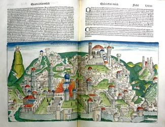De opstandige stad Jeruzalem vernietigd door keizer Titus, uit de Neurenberg Kroniek door Hartmann Schedel, gedrukt in 1493