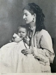 Koningin Margaretha van Savoye met haar zoon Victor Emmanuel