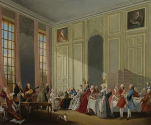 Mozart geeft een concert in de Salon des Quatre-Glaces in het Palais du Temple in het hof van de P