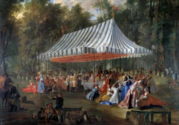 Feest gegeven door Louis Francois Joseph de Bourbon, Prins van Conti aan Erfprins Charles Guillaume Ferdinand van Brunswick Luebourg, onder de tent, in het bos van Cassan, op het Isle Adam in 1766