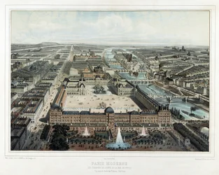 Parijs Moderne - Les Tuileries, het Louvre, en de rue de Rivoli, uitzicht vanuit de Jardin des Tuileries (Noordwest)