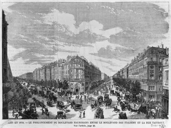 Parijs in 1878, Boulevard Haussmann verlengd tussen Boulevard des Italiens en rue Taitbout, gegraveerd door Louis Dumont (b.1822) eind 19e eeuw