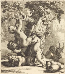 Putti en faunen die een wijnstok beklimmen