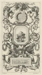 Ornamentaal Paneel Bekroond door een Mand met Bloemen met Cupido en Hymen