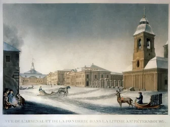 Het arsenaal van Sint-Petersburg en de gieterij op de Litinie (circa 1820)