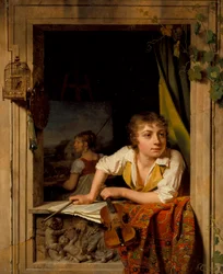 Schilderkunst en muziek, portret van de zoon van de kunstenaar, 1800