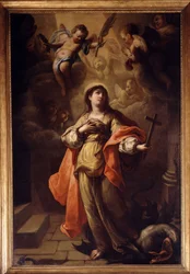 Heilige Margaretha met een kruisbeeld in haar hand en een draak aan haar voeten