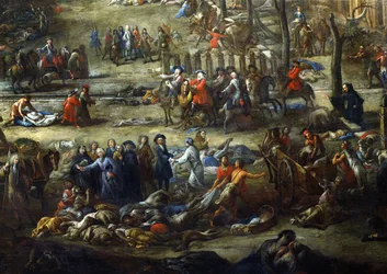 Uitzicht op de Cours Belsunce, Marseille, Tijdens de Pest van 1720, detail met de Kardinaal van Belsunce met een groep lijken van pestslachtoffers