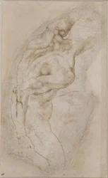 Een knielende jongeling gezien van achteren