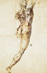 Een mannelijk naakt van achteren gezien, studie voor de Slag bij Cascina, door Michelangelo (1475-1564), tekening.