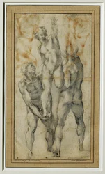 Twee naakte mannen tillen een derde op, ca. 1502-06 ...