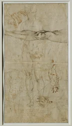 Diverse studies van figuren, inscriptie gebaseerd op een sonnet van Petrarca, circa 1506 ...