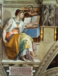 Profeten en Sibyllen: Erythraeïsche Sibyl Plafond van de Sixtijnse Kapel in het Vaticaan, 1508-1512