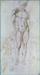 Studie voor Apollo, vroeger Mercurius, naakt staand met een mantel over zijn schouders gedrapeerd, en de figuur van een man die een last draagt