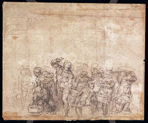Studie van figuren voor een verhalende scène (zwarte krijt op papier) (verso)