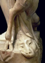De dronkenschap van Bacchus, detail van het hoofd van een panter, beeldhouwwerk door Michelangelo Buonarroti (detail)