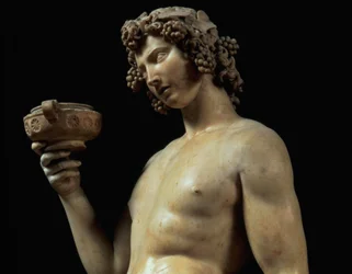 De dronkenschap van Bacchus, detail van zijn hoofd, sculptuur van Michelangelo Buonarroti 1475-1564, 1496-97, marmeren detail van 52672