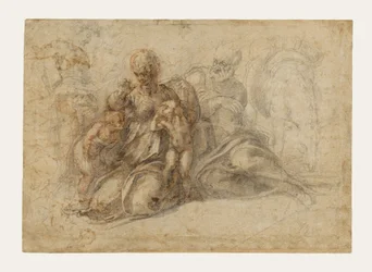 De Heilige Familie met het Kindje Johannes de Doper (recto); Amoureuze Putti aan het Spelen; Kop van een Vogel (verso)