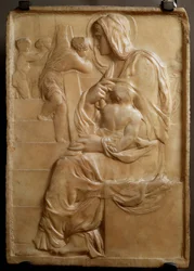 Maagd op de trap (Madonna della Scala), laag marmeren reliëf van Michelangelo Buonarroti, genaamd Michelangelo