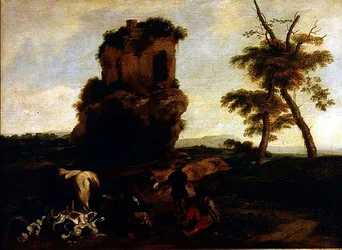 Een landschap met reizigers rustend bij een herberg