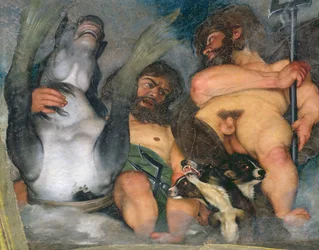 Allegorie van de Elementen, het Universum en Tekens van de Dierenriem, detail van Neptunus en Triton met Cerberus, de driehoofdige hond (detail)