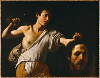 David toont het hoofd van Goliath (olieverf op populierenhout)