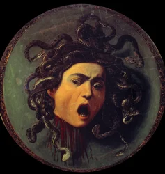 Hoofd van Medusa. Schilderij op de achterkant van een schild bedekt met canvas. Symbool van de overwinning van de rede over de zintuigen, verwijzend naar de mythe van Perseus en Medusa