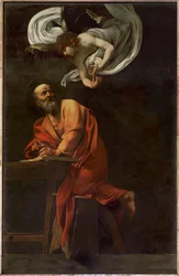 De heilige Mattheus aan het schrijven, geïnspireerd door een engel (schilderij op doek)