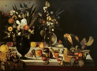 Stilleven met bloemen en fruit