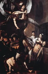 De zeven werken van barmhartigheid. Cimon, veroordeeld om in de gevangenis te verhongeren, voedt zich aan de borst van zijn dochter Pero (Romeinse liefdadigheid), en op de achtergrond draagt een man een brandende fakkel om een lijk eruit te trekken. Boven