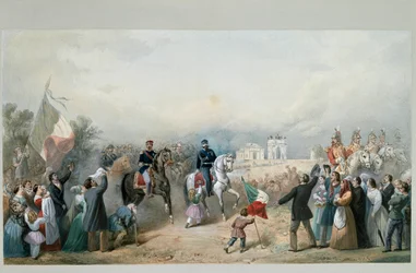 Triomfantelijke intocht van koning van Sardinië Vittorio Emanuele II en Napoleon III in Milaan op 8 juni 1859