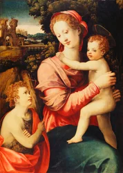 De Madonna en Kind met de jonge Sint Jan de Doper, een bosrijk rivierlandschap met een denkbeeldig paleis op de achtergrond