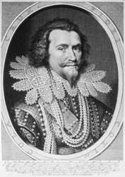 Portret van George Villiers, 1e Hertog van Buckingham (1592-1628) gegraveerd door Willem Jacobsz. Delff (1580-1638) 1626