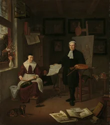 Portret van Michiel Comans (1614-1687), kalligraaf, etser, schilder en schoolmeester, met zijn derde vrouw Elisabeth van der Mersche