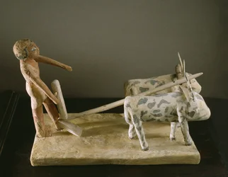 Grafmodel van een ploeger die zijn ploeg leidt getrokken door twee ossen