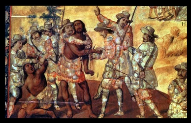 Detail van de Conquistadores die de handen van twee spionnen van Xicotencatl afhakken