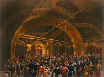 Kroningsbanket voor de gezanten in de Gouden Zaal van het Grote Kremlinpaleis, Moskou, 1856