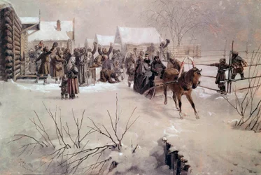 Tsaar Alexander II (1818-1881) in een slee doorkruist een dorp onder sneeuw Aquarel door Mihaly von Zichy (1827-1906) 19e eeuw Sint-Petersburg, Kasteel van Peterhof