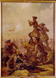 Een scène uit de Krimoorlog (1853-1856). Achter de linie van de fronttroepen bekijken officieren, onder wie een gewonde, het slagveld. Schilderij van Mihaly Zichy (1827-1906), circa 1850. Hongaarse kunst