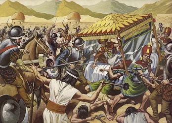 Spanjaarden werpen het Incarijk van Peru omver. (kleurenlitho)